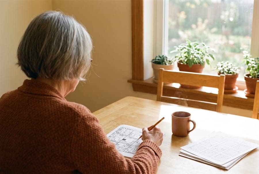 Una señora hace un sudoku en la mesa del comedor, con una taza al lado