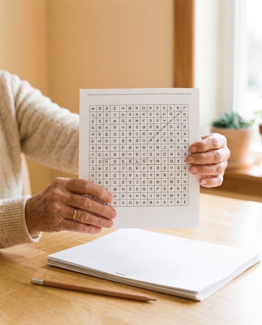 Hands holding a large-print word search page at a sunny table