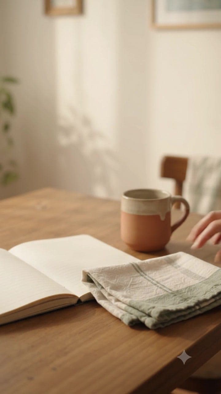 A mug and an open notebook on a sunny kitchen table
